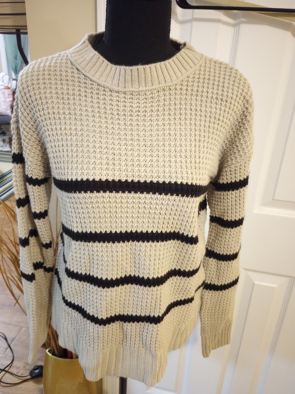SO Cream and Black Striped Crewneck Sweater